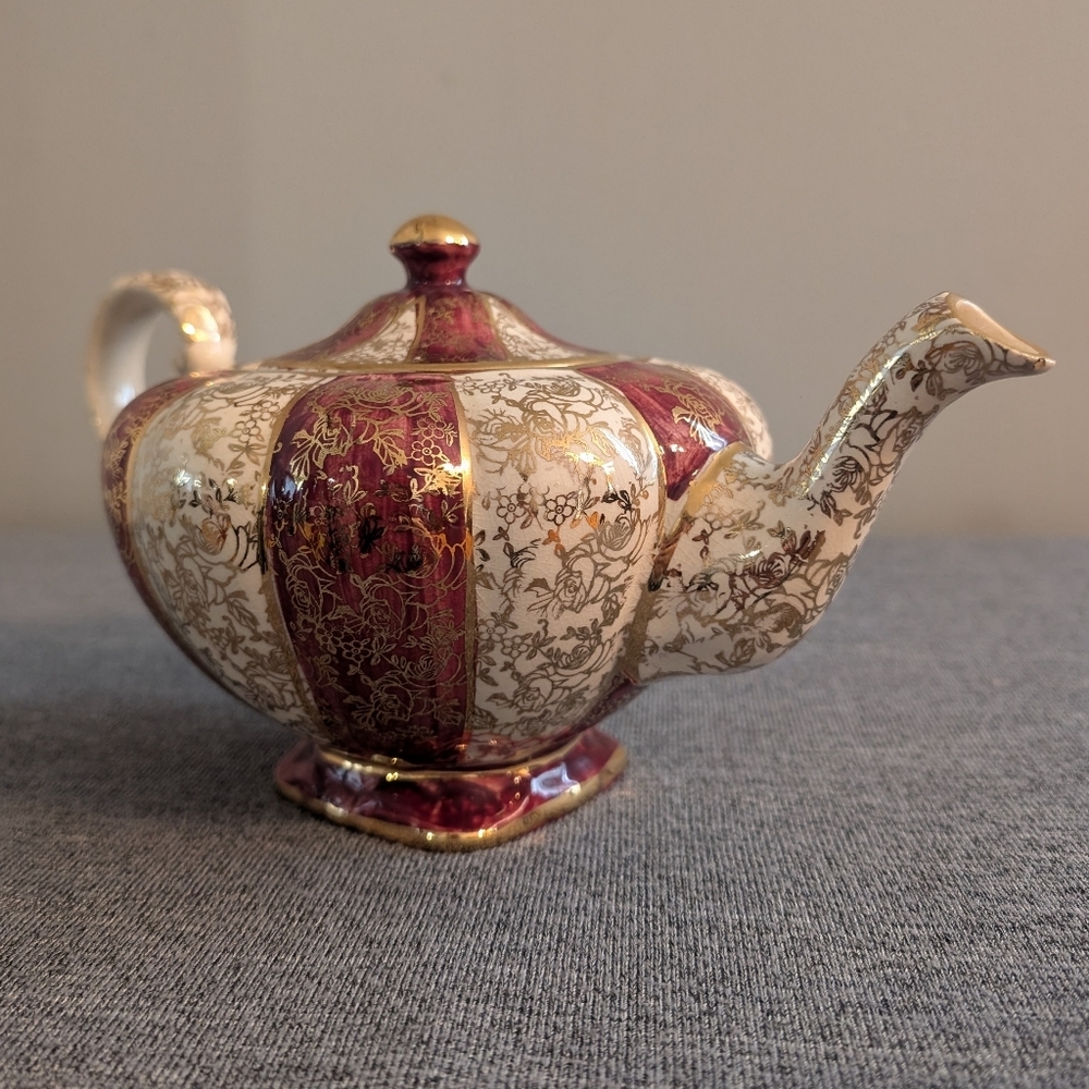 Arthur Wood Red and White Striped Porcelain Teapot with Gold Floral Design, 4278